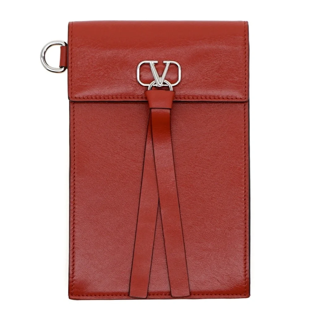 Valentino V-RING Wallet & Pouch On Strap Red Leather New